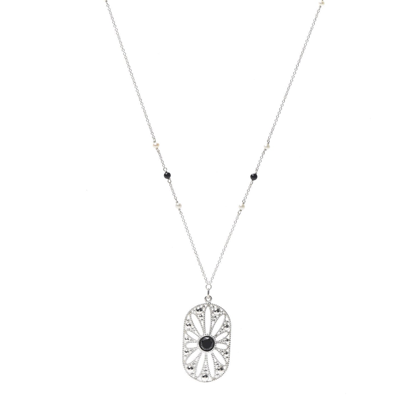 Sterling Silver Black Onyx Pearl Ziegfeld Daisy Pendant Necklace