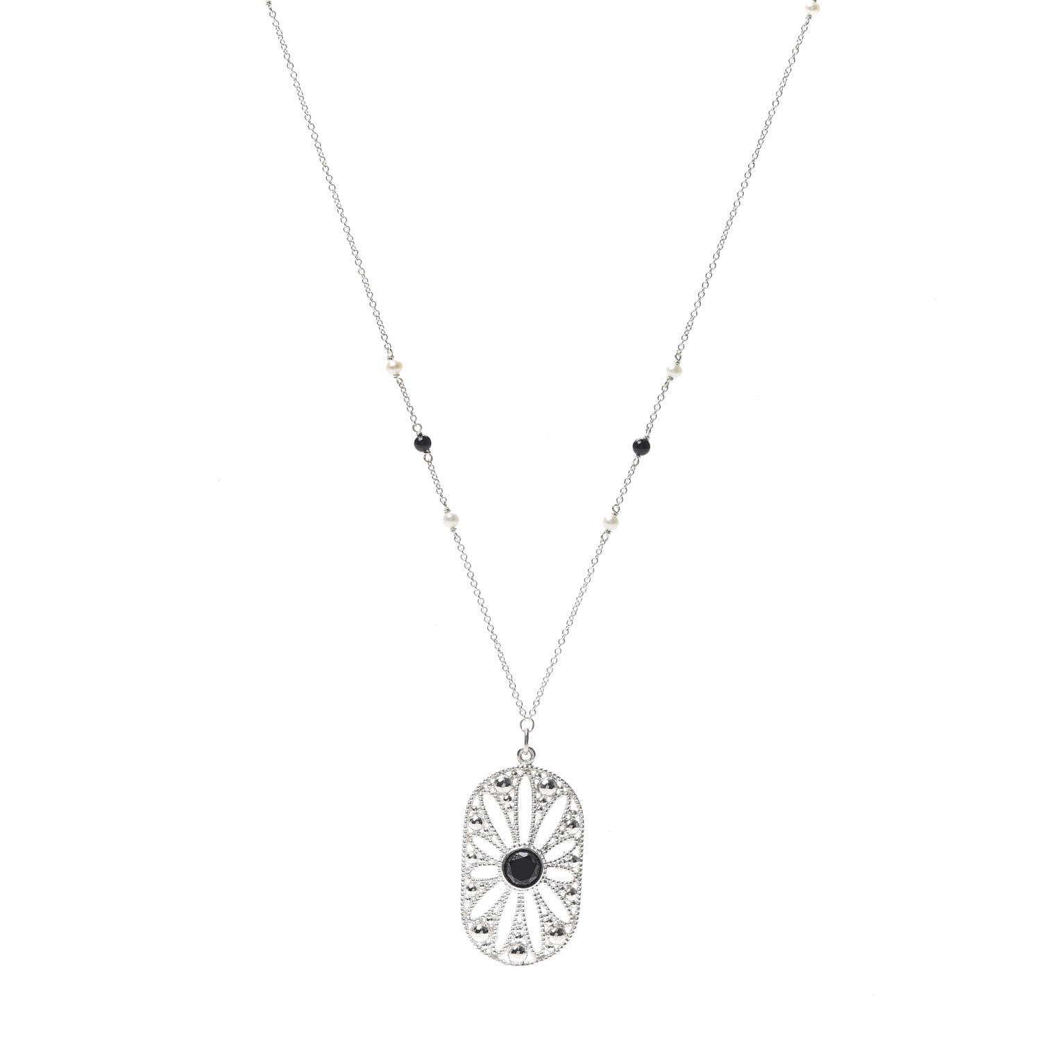 Tiffany Sterling Silver Black Onyx Pearl Ziegfeld Daisy Pendant Necklace 1 of 6