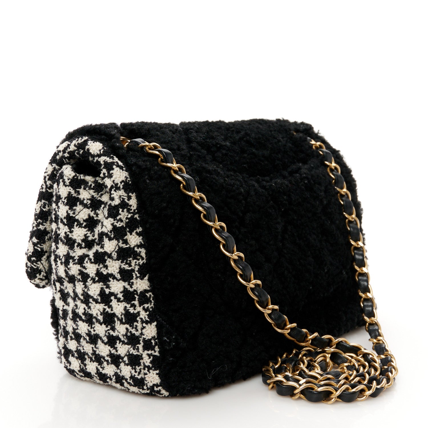 Chanel Shearling Sheepskin Tweed Quilted Single Flap Black 1658658