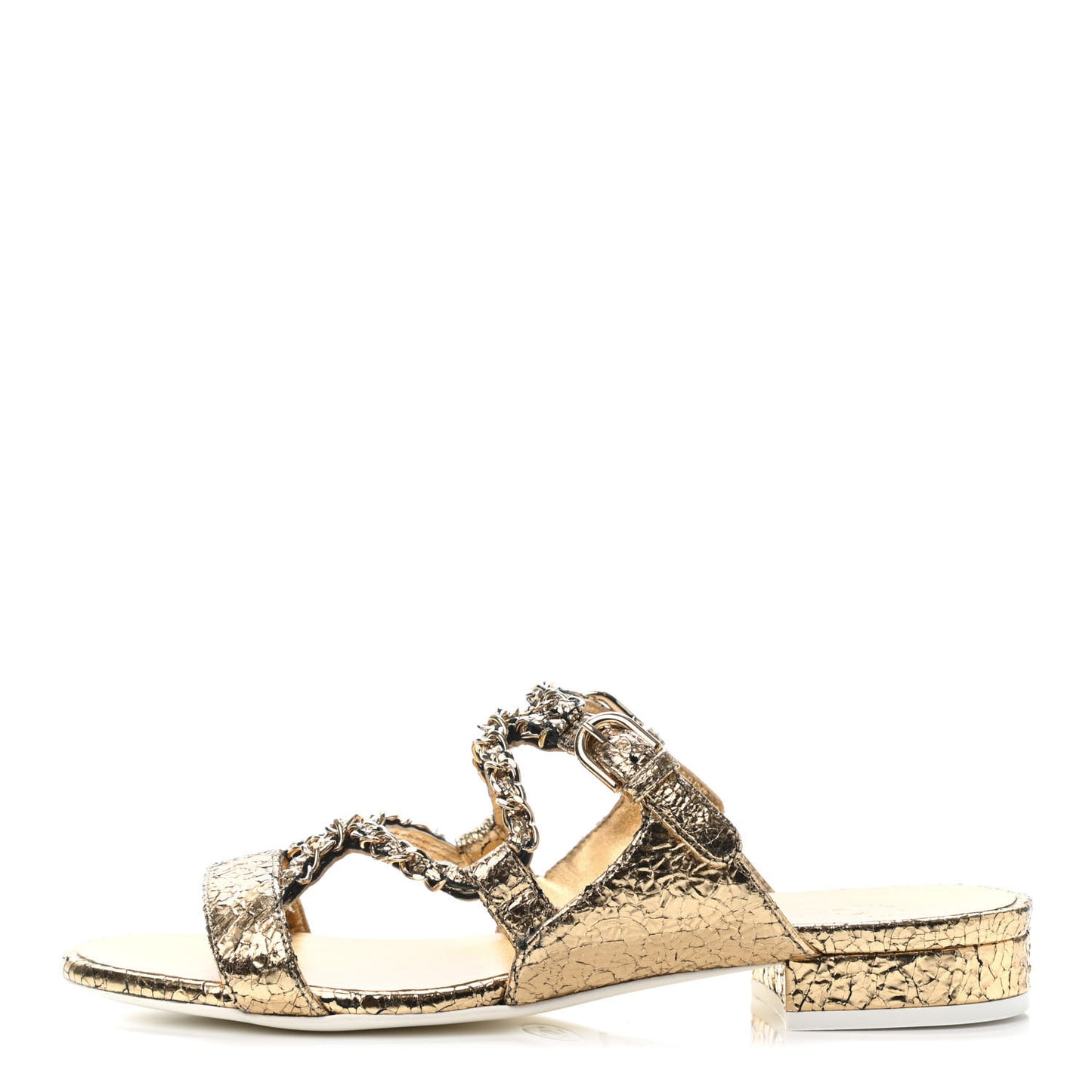 Metallic Crackled Calfskin Chain Sandals 36 Gold