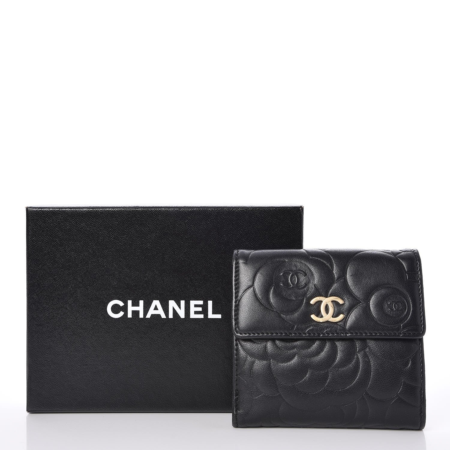 Chanel Lambskin Camellia Embossed Small Double Wallet Black 10 of 10