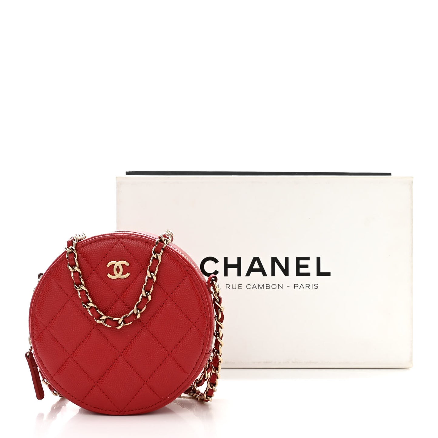 Caviar Quilted Round Clutch With Chain Red