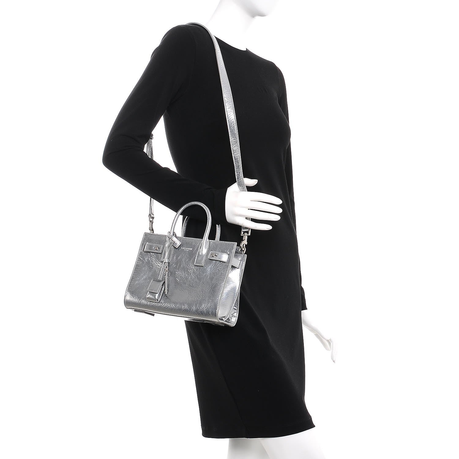 Saint Laurent Metallic Crinkled Calfskin Nano Supple Sac De Jour Silver 2 of 7