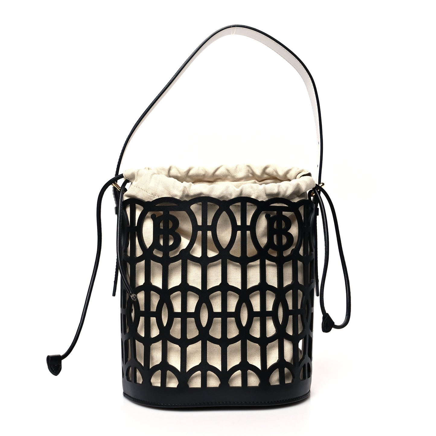 Canvas Calfskin Laser Cut Drawstring Bucket Bag Black