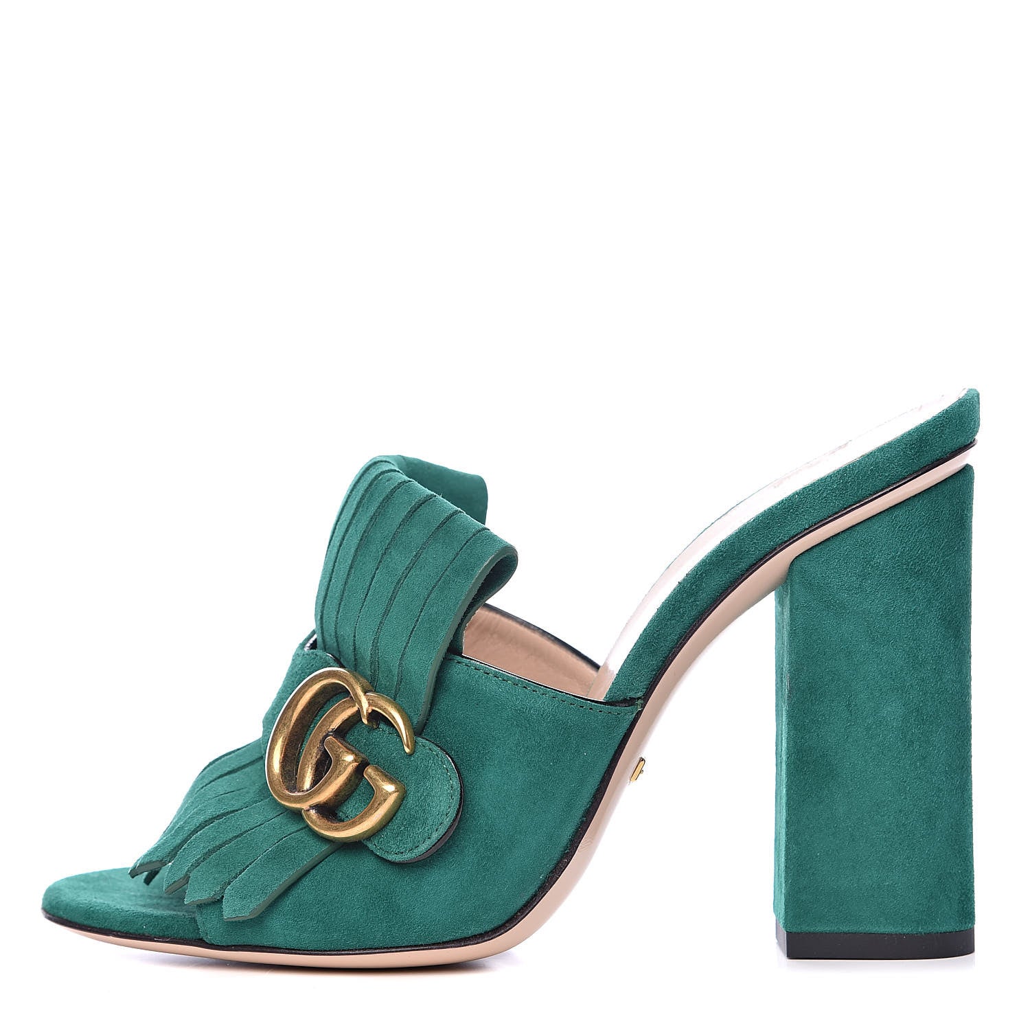 Gucci Kid Scamosciato GG Marmont Fringe 105mm Slide Sandals 37 Emerald 1 of 8