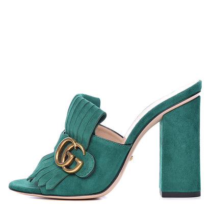 Gucci Kid Scamosciato GG Marmont Fringe 105mm Slide Sandals 37 Emerald 1 of 8