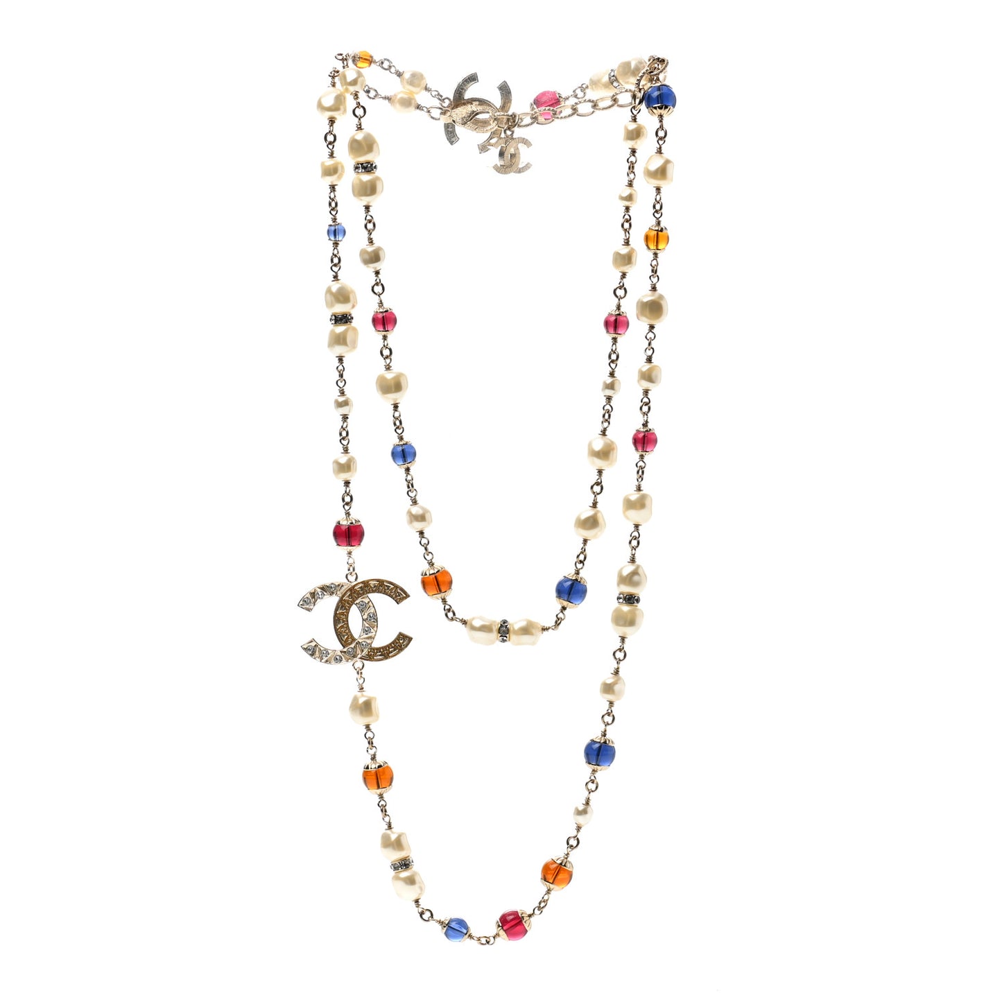 Pearl Beaded Crystal CC Long Necklace Gold Multi