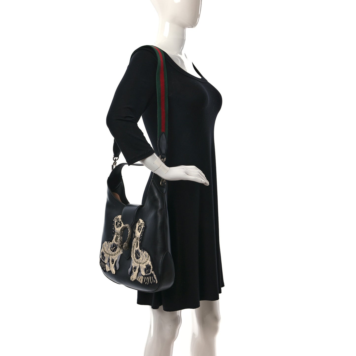 Calfskin Web Dog Embroidered Medium Dionysus Hobo Black