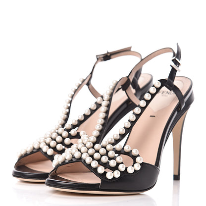 Fendi Calfskin Faux Pearl Embellished Bow Ankle Strap Heel 38 Black 3 of 13