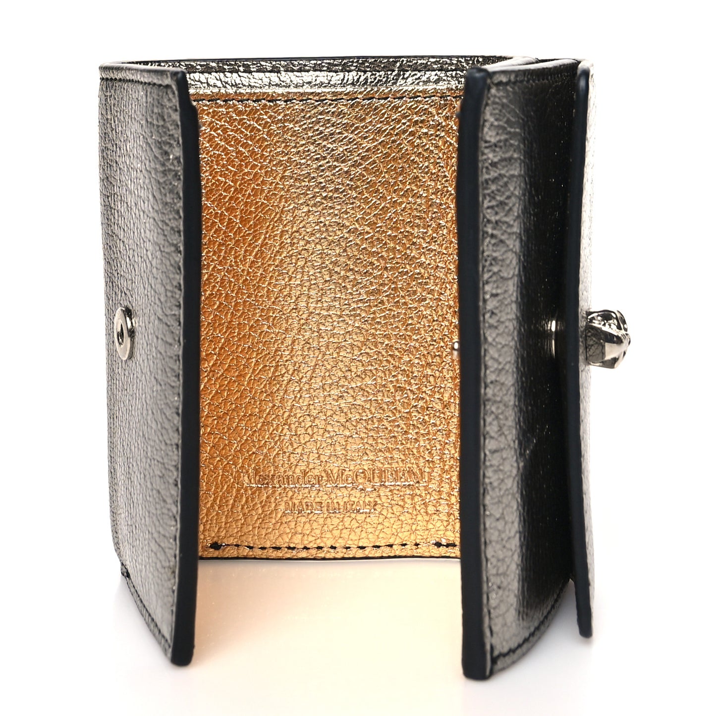 Metallic Calfskin Skull Short Flap Wallet Silver