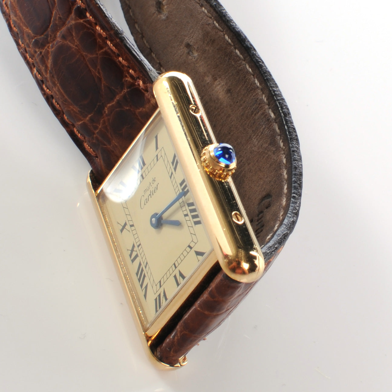 Sterling Silver Vermeil Alligator 20mm Must de Cartier Tank Quartz Watch Brown