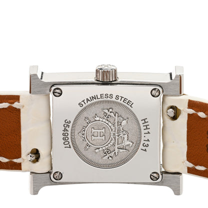 Hermes Stainless Steel Alligator Diamond Bezel Mother of Pearl 17.2mm Heure H Hour Quartz Watch Blanc 4 of 5