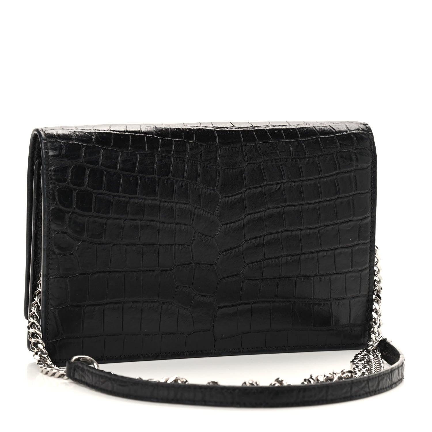 Saint Laurent Calfskin Crocodile Embossed Kate Monogram Tassel Chain Wallet Black 3 of 9