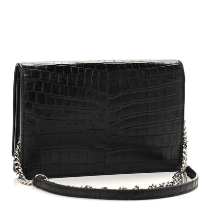 Saint Laurent Calfskin Crocodile Embossed Kate Monogram Tassel Chain Wallet Black 3 of 9