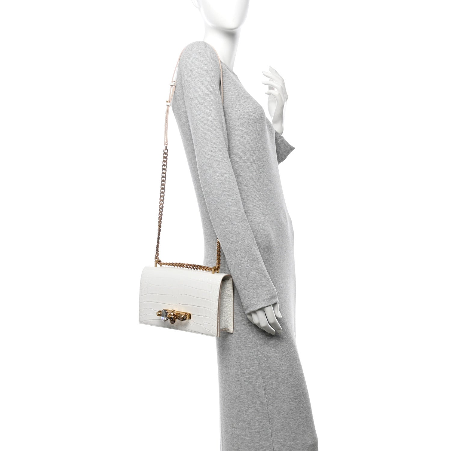 Alexander McQueen Shiny Calfskin Crocodile Embossed Knuckle Jeweled Crossbody White 2 of 10