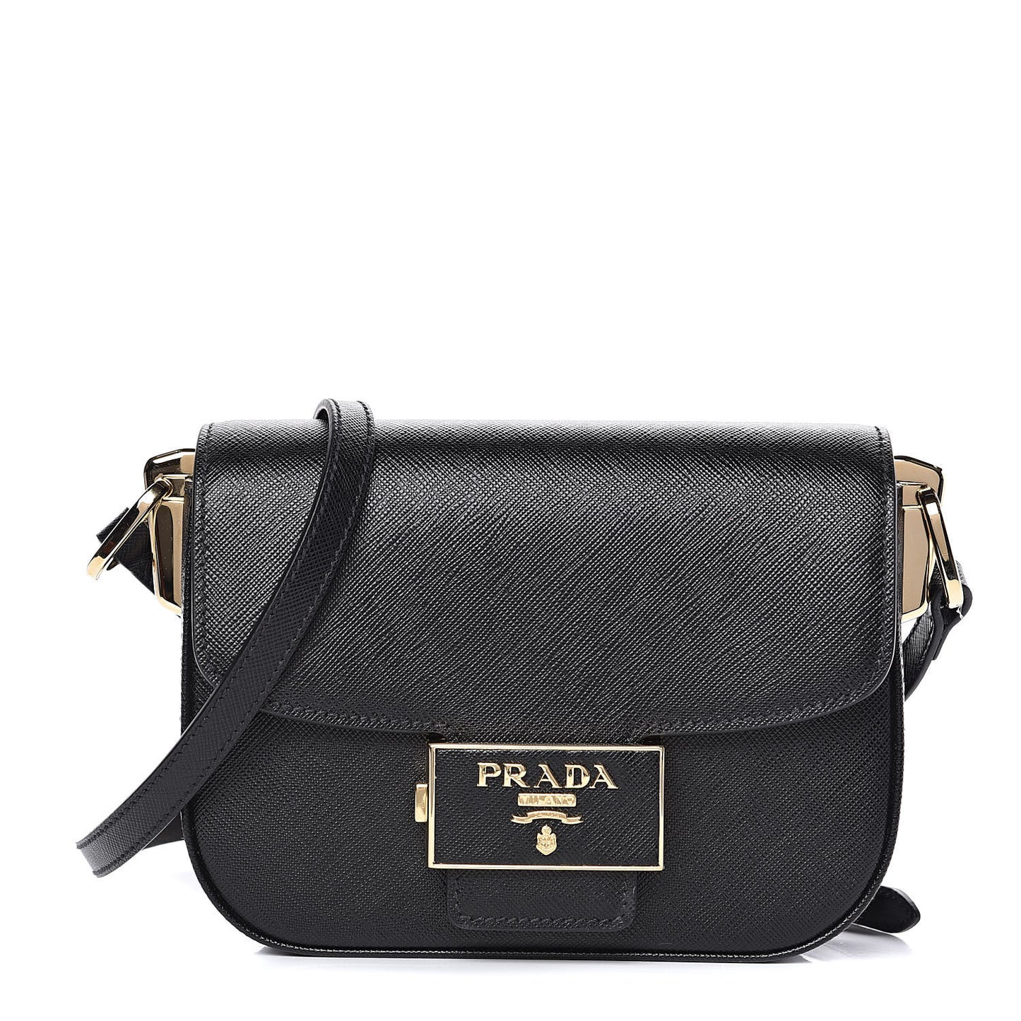 Saffiano Lux Embleme Flap Shoulder Bag Black