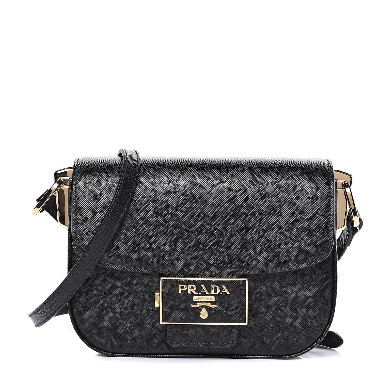 Prada Saffiano Lux Embleme Flap Shoulder Bag Black 1 of 9