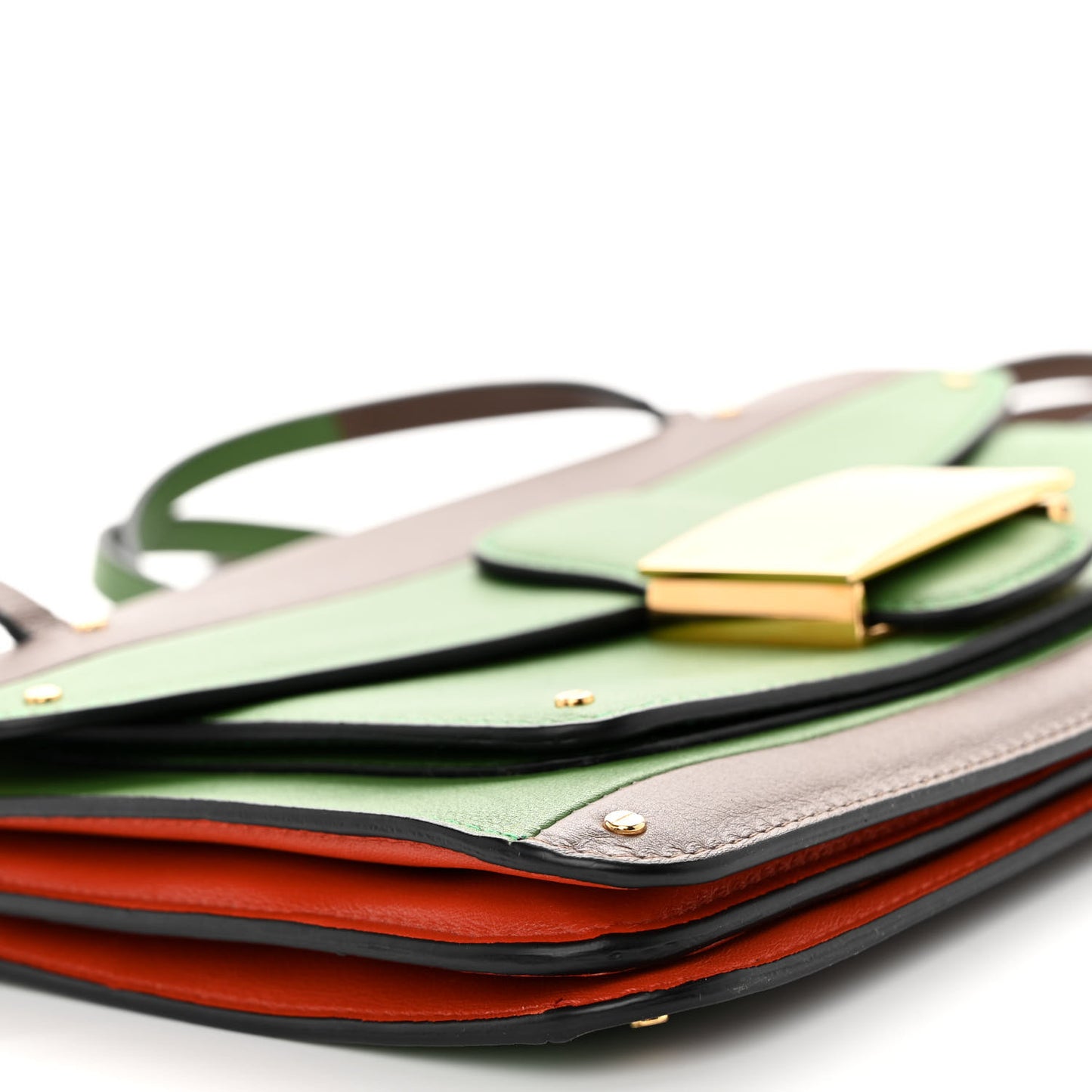 Calfskin Rivet Colorblock Double Handle Shoulder Bag Brown Green