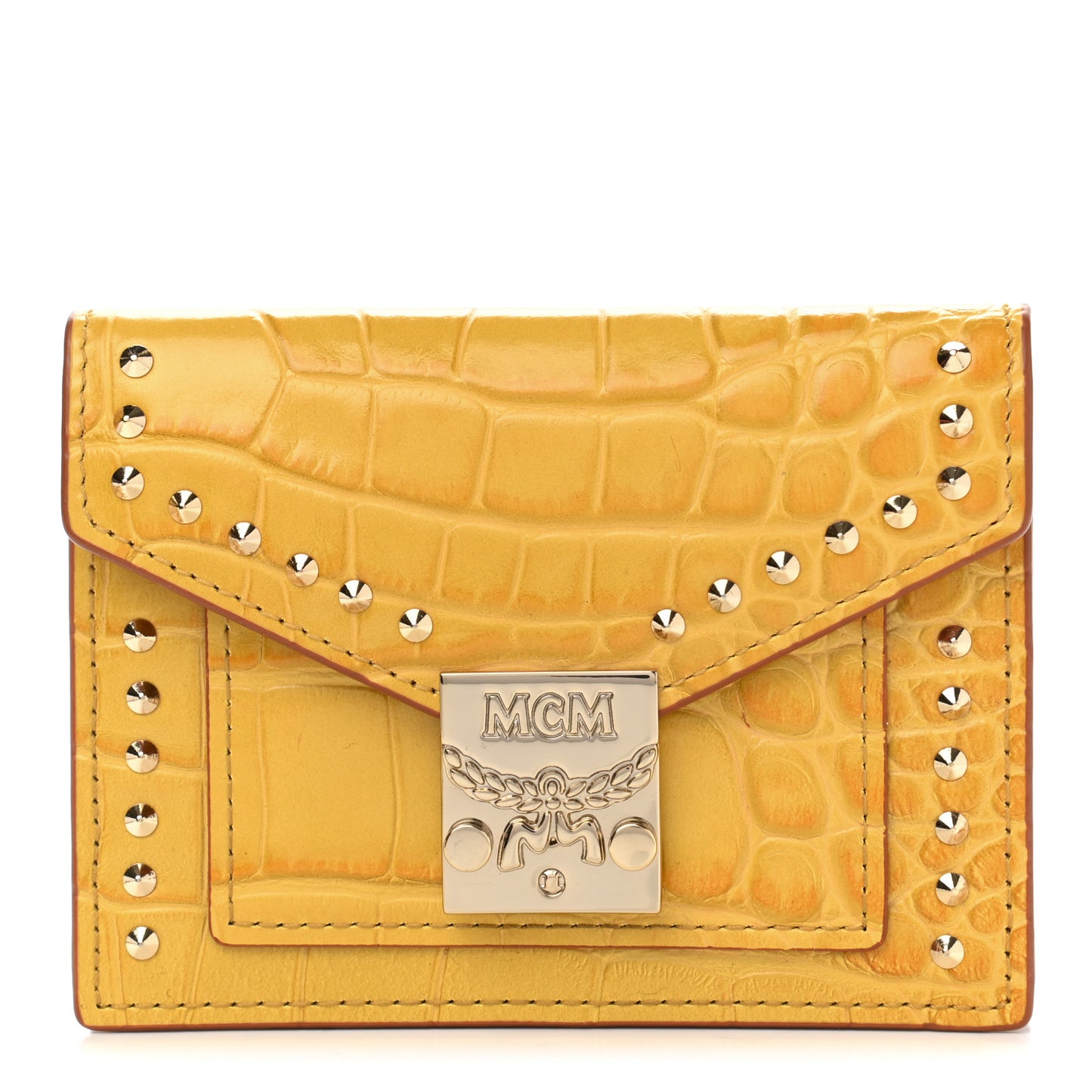 Calfskin Crocodile Embossed Flap Card Holder Golden Mango