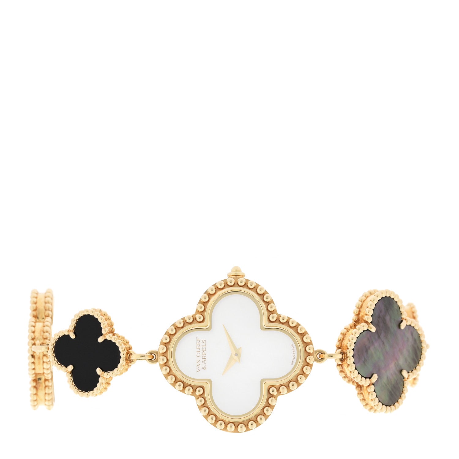 Van Cleef & Arpels 18K Yellow Gold Mother of Pearl Black Onyx 26mm Alhambra Quartz Watch 2 of 5