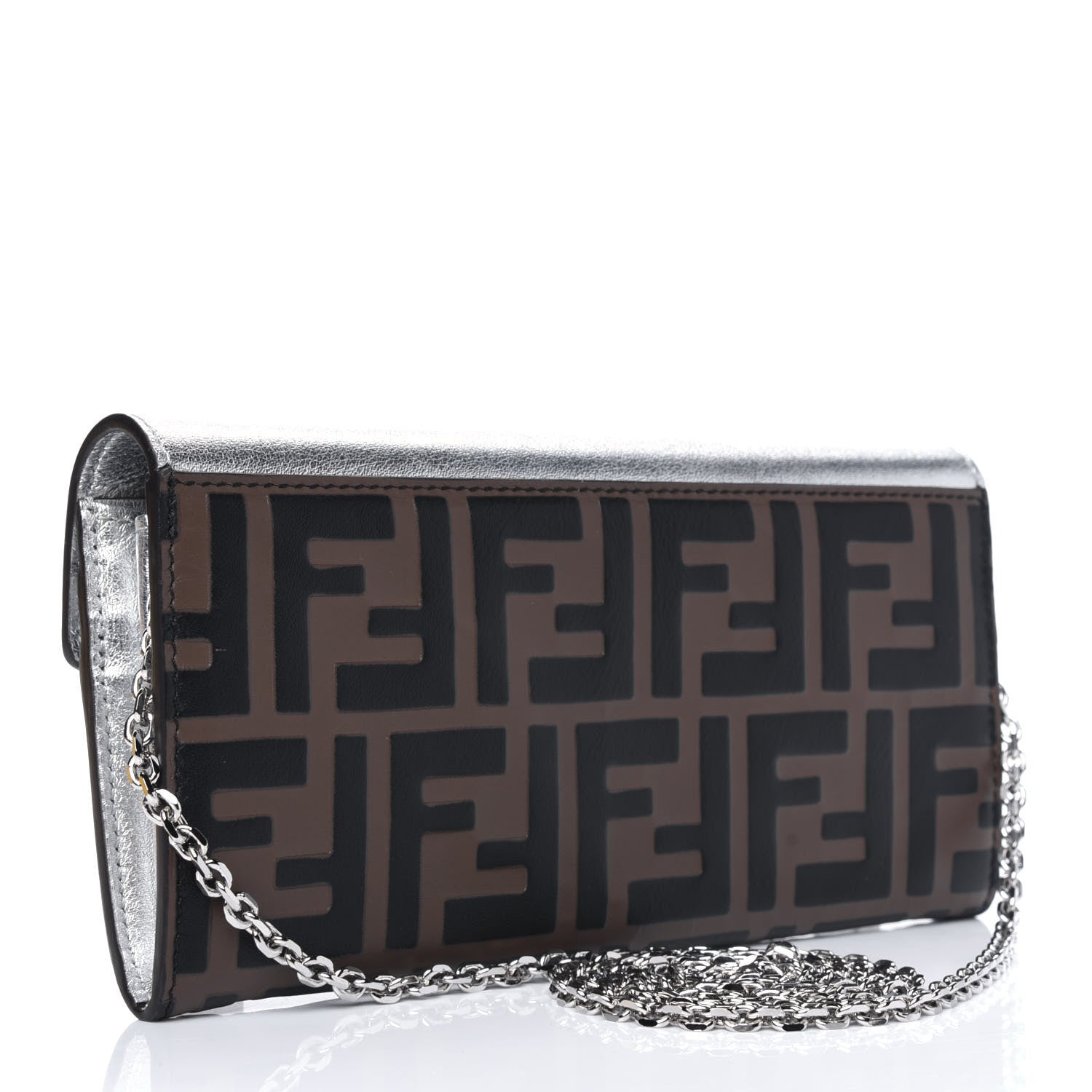 Fendi Vitello Soft Catalan Mirror F is Fendi Bi-Color FF 1974 Embossed Continental Envelope Wallet On Chain Maya Black Argento 3 of 12