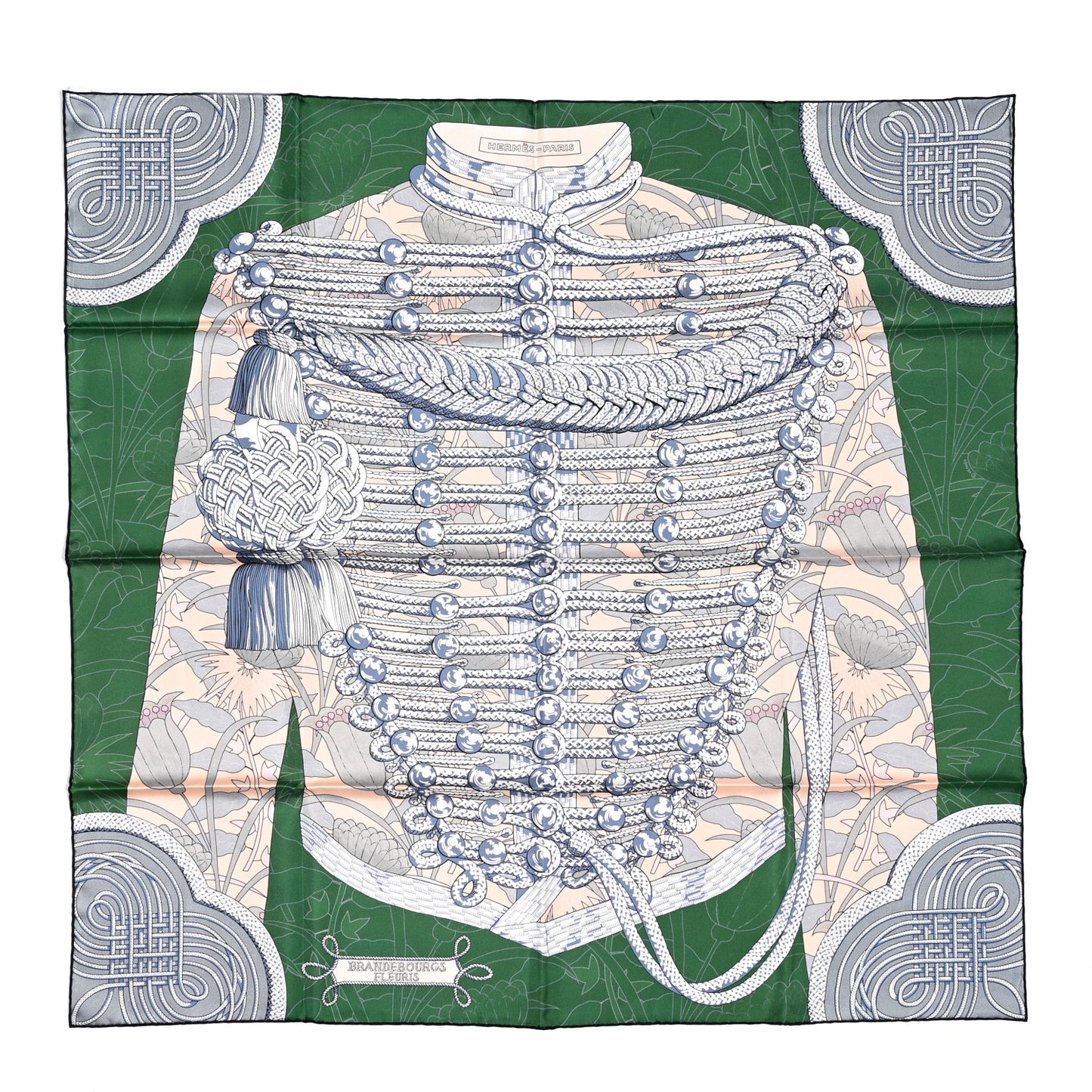 Silk Carre Double Face Brandebourgs Scarf 90 Vert Poudre Bleu Clair
