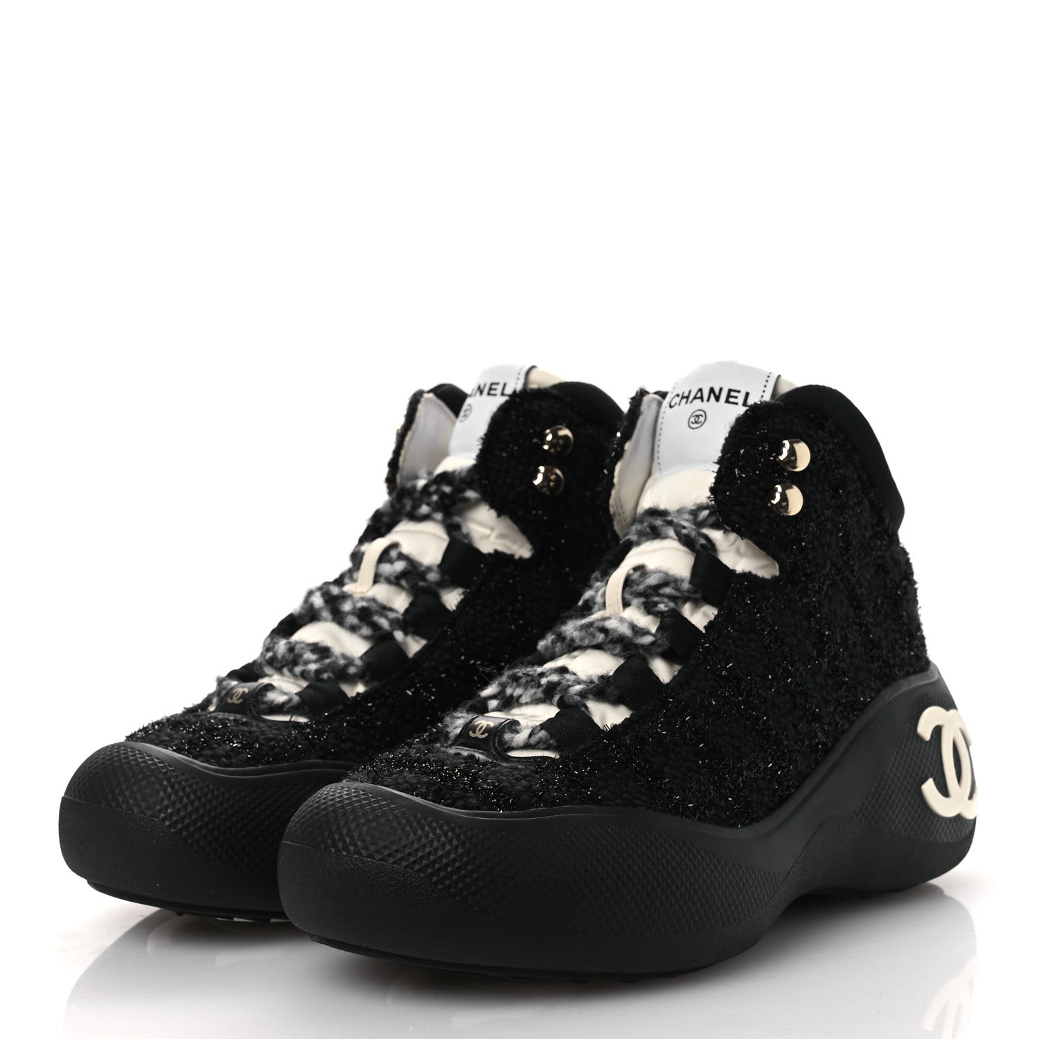 Chanel Tweed CC Lace Up Ankle Snow Boots 38.5 Black 4 of 11