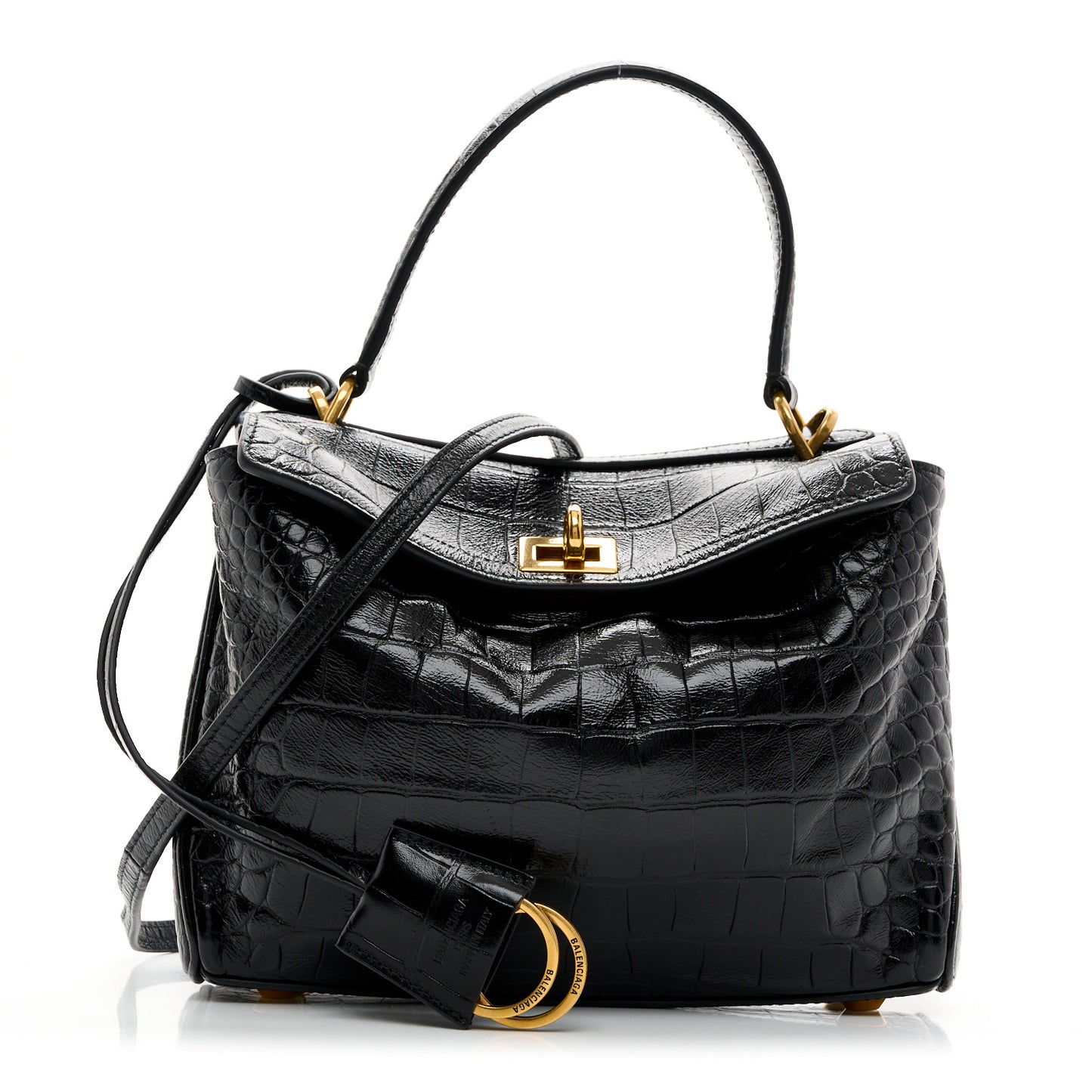 Shiny Calfskin Crocodile Embossed Mini Rodeo Top Handle Handbag Black