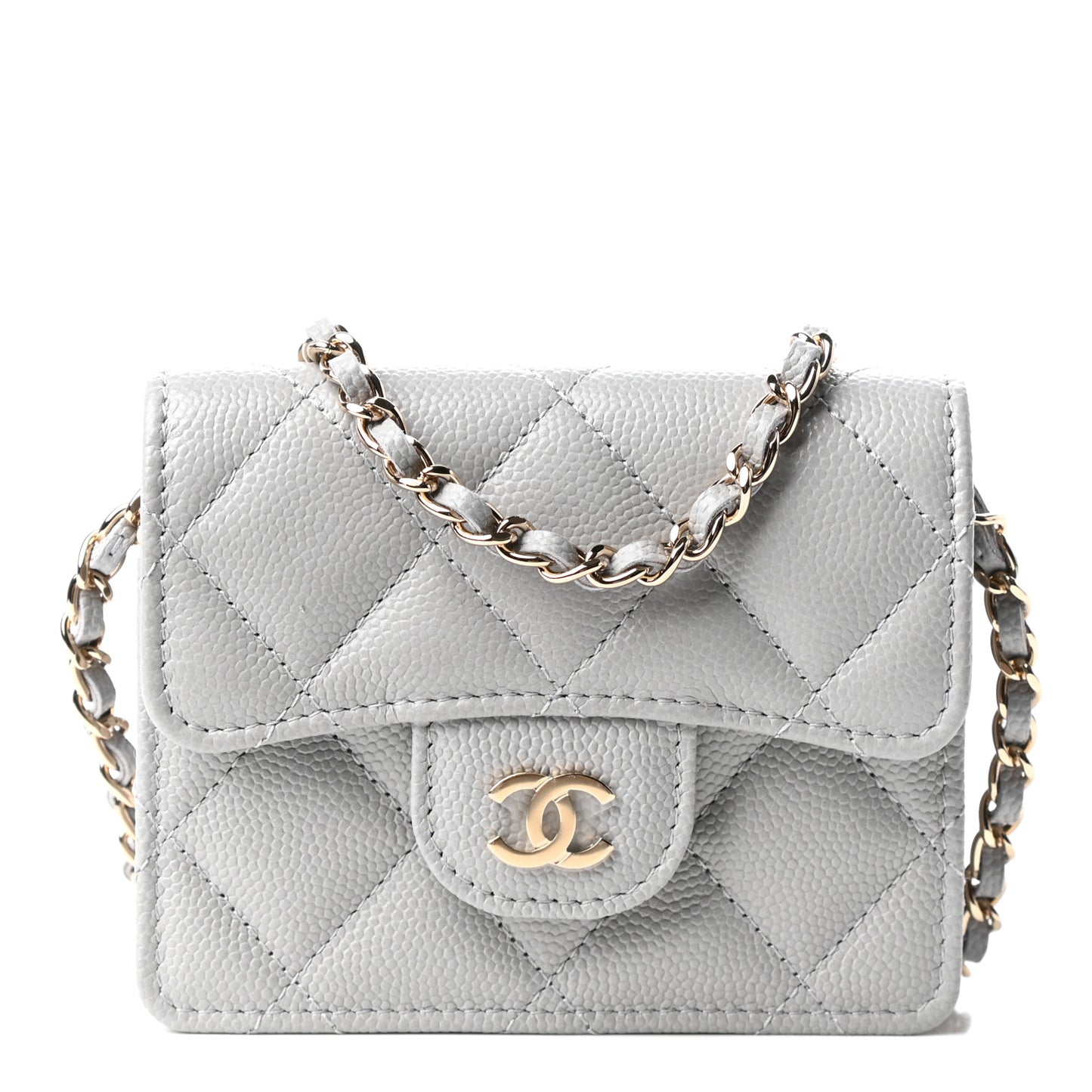 Caviar Quilted Flap Card Holder On Chain Grey