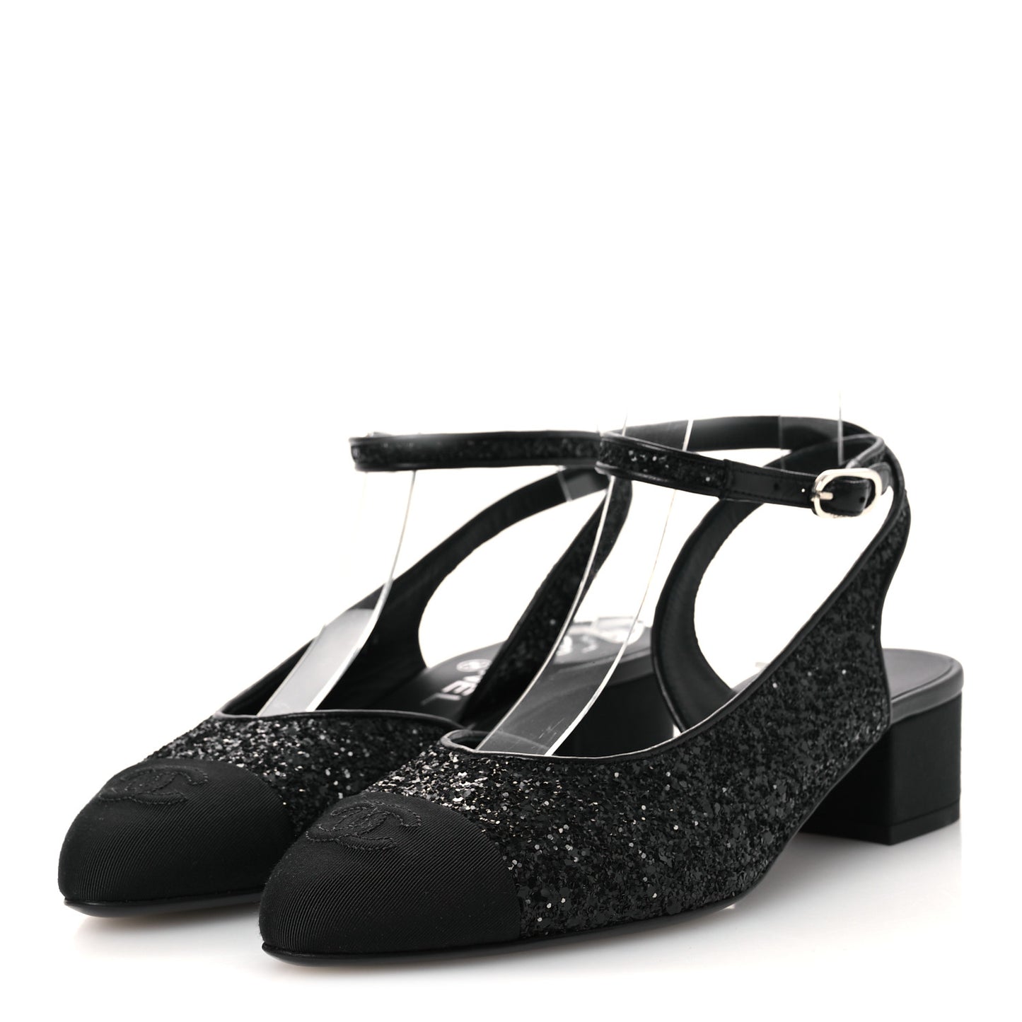 Glitter Grosgrain Cap Toe CC Ankle Wrap Pumps 38 Black