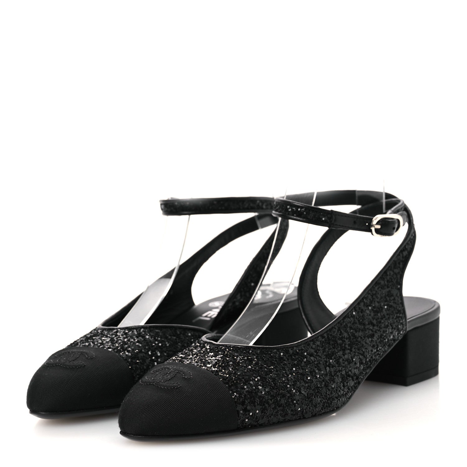 Chanel Glitter Grosgrain Cap Toe CC Ankle Wrap Pumps 38 Black 4 of 11