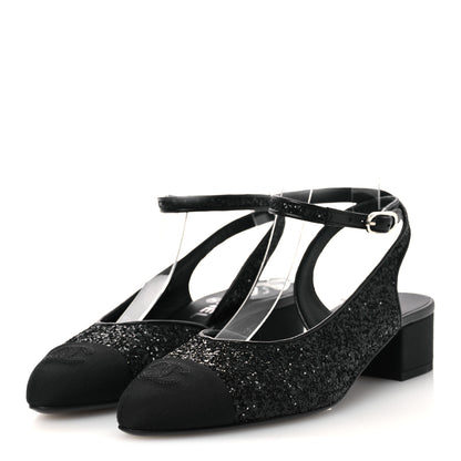 Chanel Glitter Grosgrain Cap Toe CC Ankle Wrap Pumps 38 Black 4 of 11