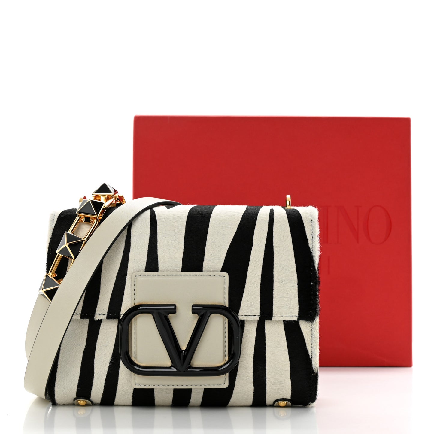 Pony Hair Zebra VLogo Stud Sign Shoulder Bag White Black