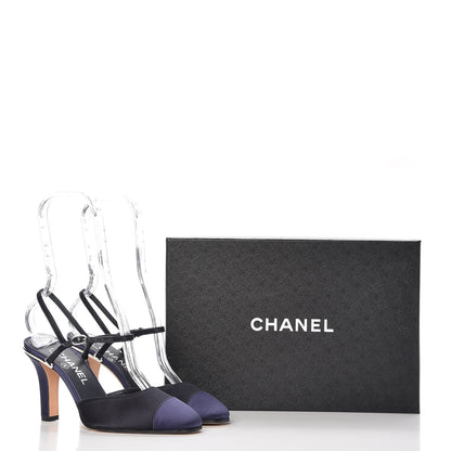Chanel Satin Cap Toe CC Slingback Pumps 36.5 Navy Black 9 of 9