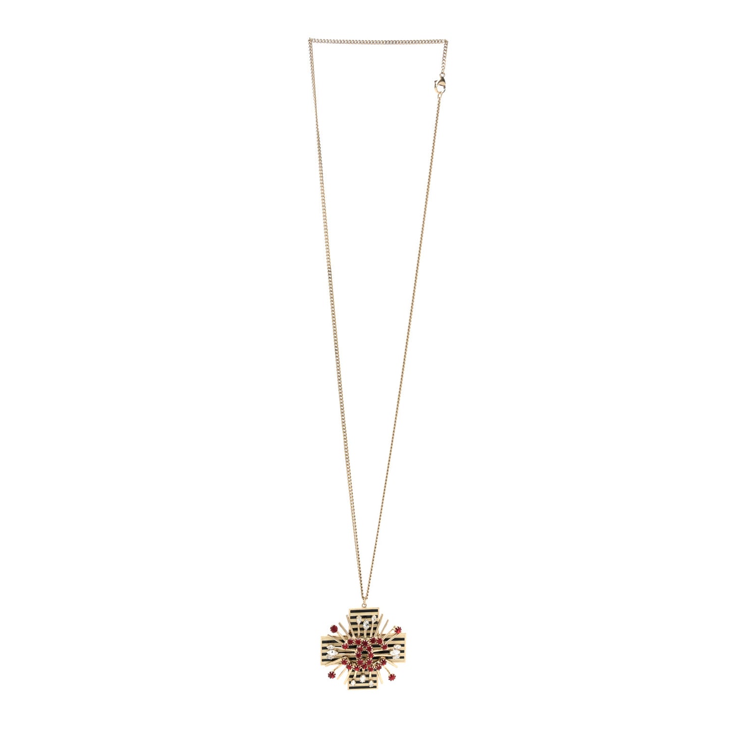 Crystal Cross CC Pendant Necklace Gold Red