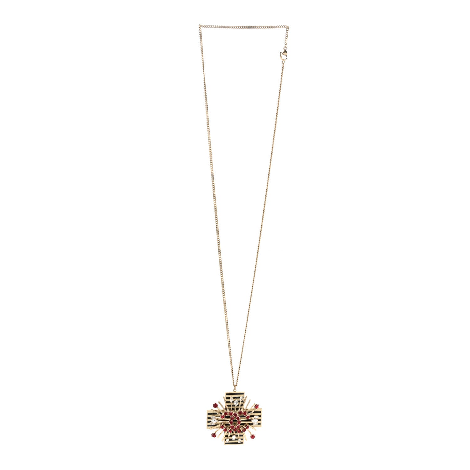 Chanel Crystal Cross CC Pendant Necklace Gold Red 2 of 6