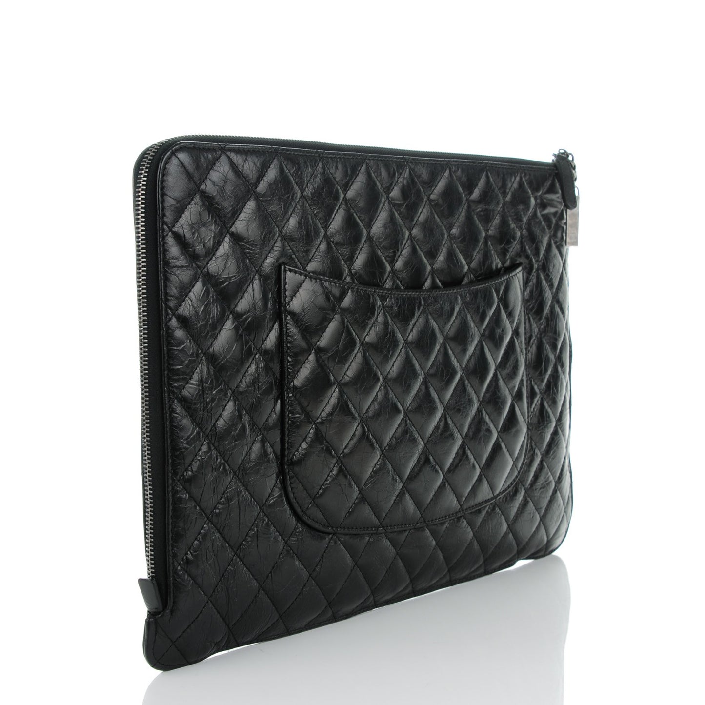 Crumpled Lambskin Quilted Large Slide Pouch Black