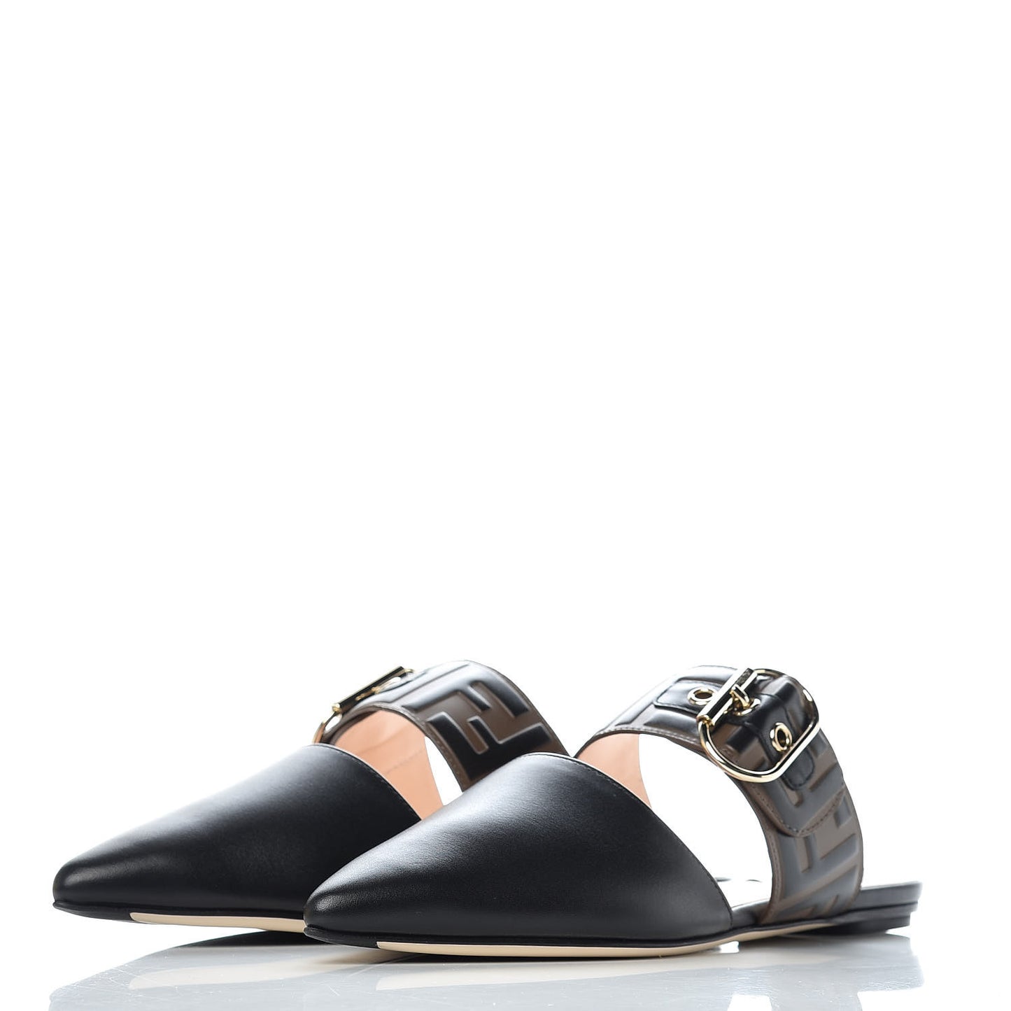 Vitello FF Embossed Buckle Flat Mules 36 Maya Black