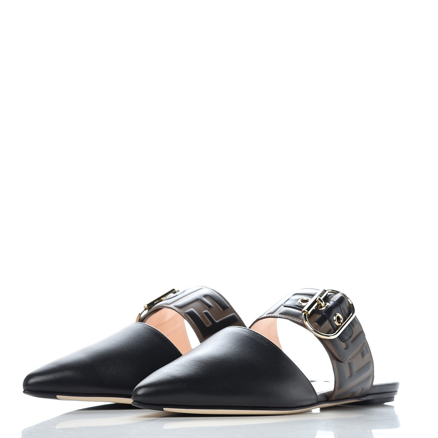 Fendi Vitello FF Embossed Buckle Flat Mules 36 Maya Black 3 of 8