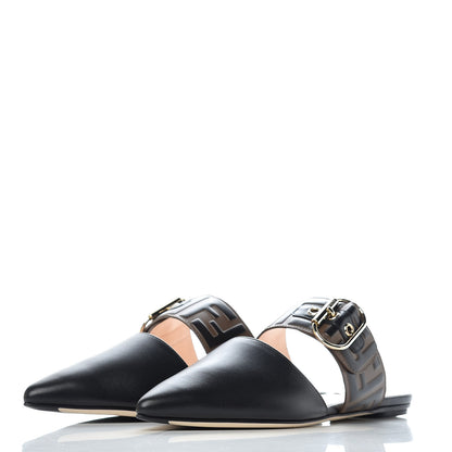Fendi Vitello FF Embossed Buckle Flat Mules 36 Maya Black 3 of 8