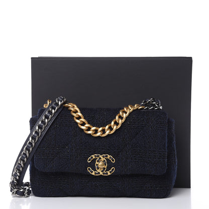 Chanel Tweed Quilted Medium 19 Flap Navy Blue Black 10 of 10