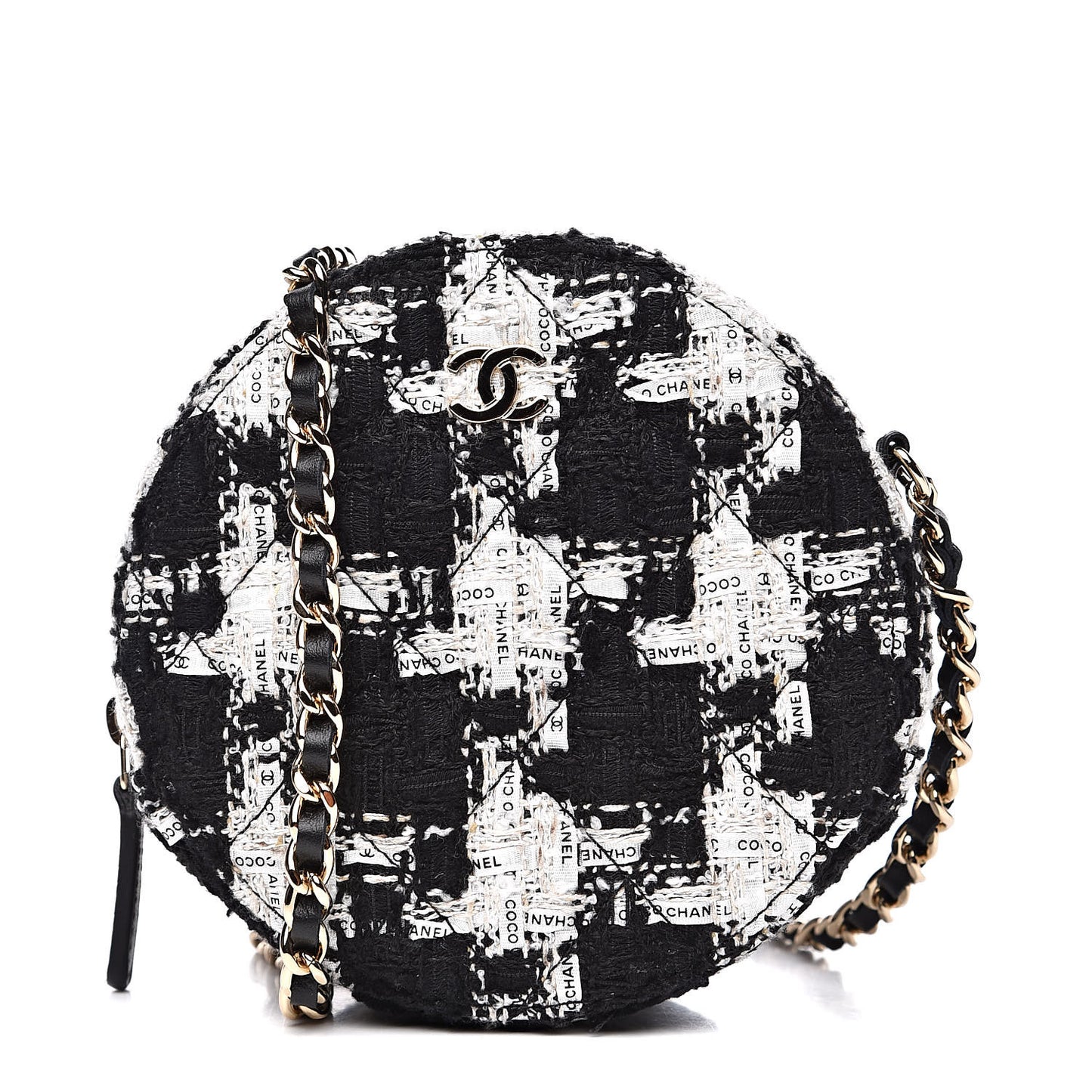 Tweed Round Clutch With Chain Black White