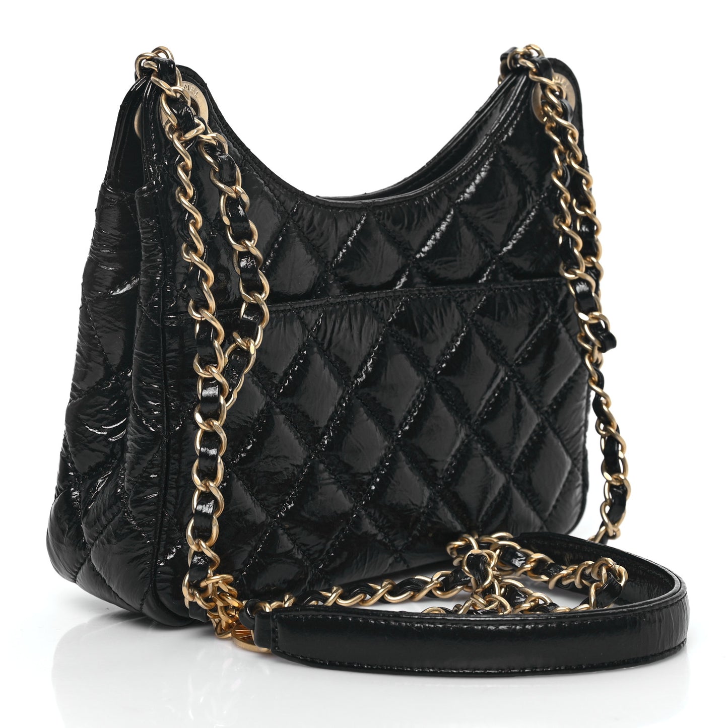 Shiny Crumpled Calfskin Quilted Small Wavy CC Hobo Black