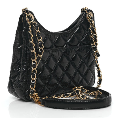 Chanel Shiny Crumpled Calfskin Quilted Small Wavy CC Hobo Black 3 of 11
