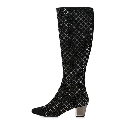 Chanel Kid Suede Strass Knee High Boots 38.5 Black 1 of 10