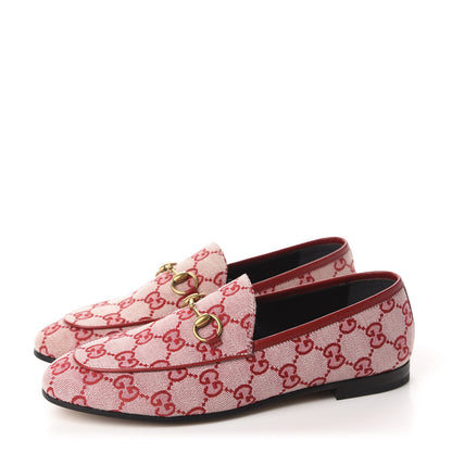 Gucci Canvas GG Monogram Horsebit Womens Jordaan Loafers 37 Gardenia Hibiscus Red 3 of 11