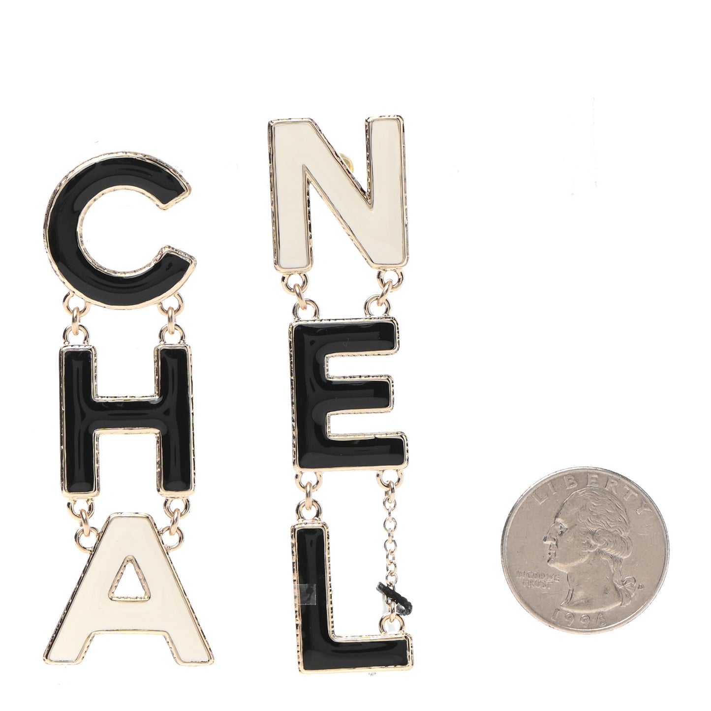 Metal Enamel Cha-Nel Logo Drop Earrings Black White