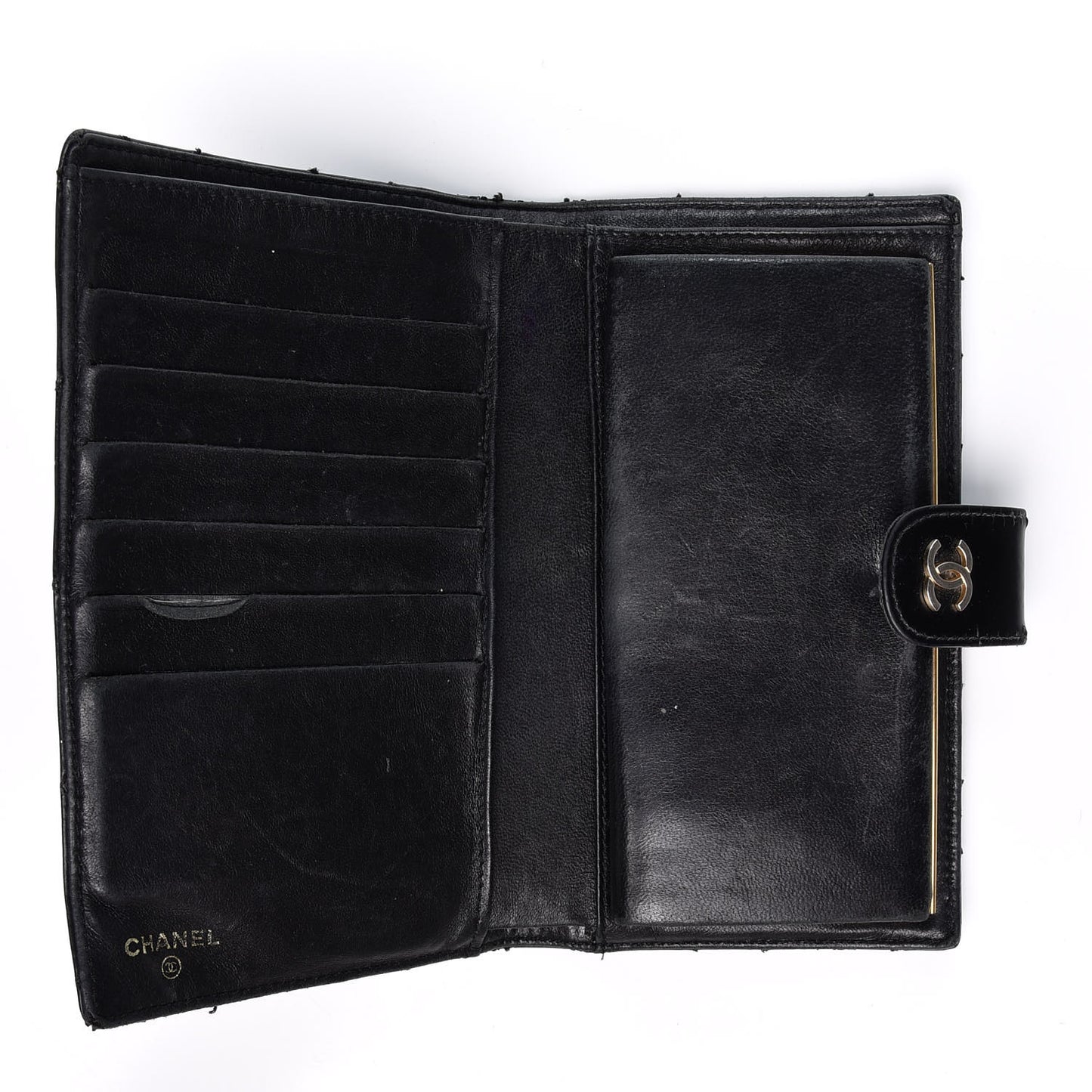 Glazed Calfskin Diamond Stitched French Wallet Black