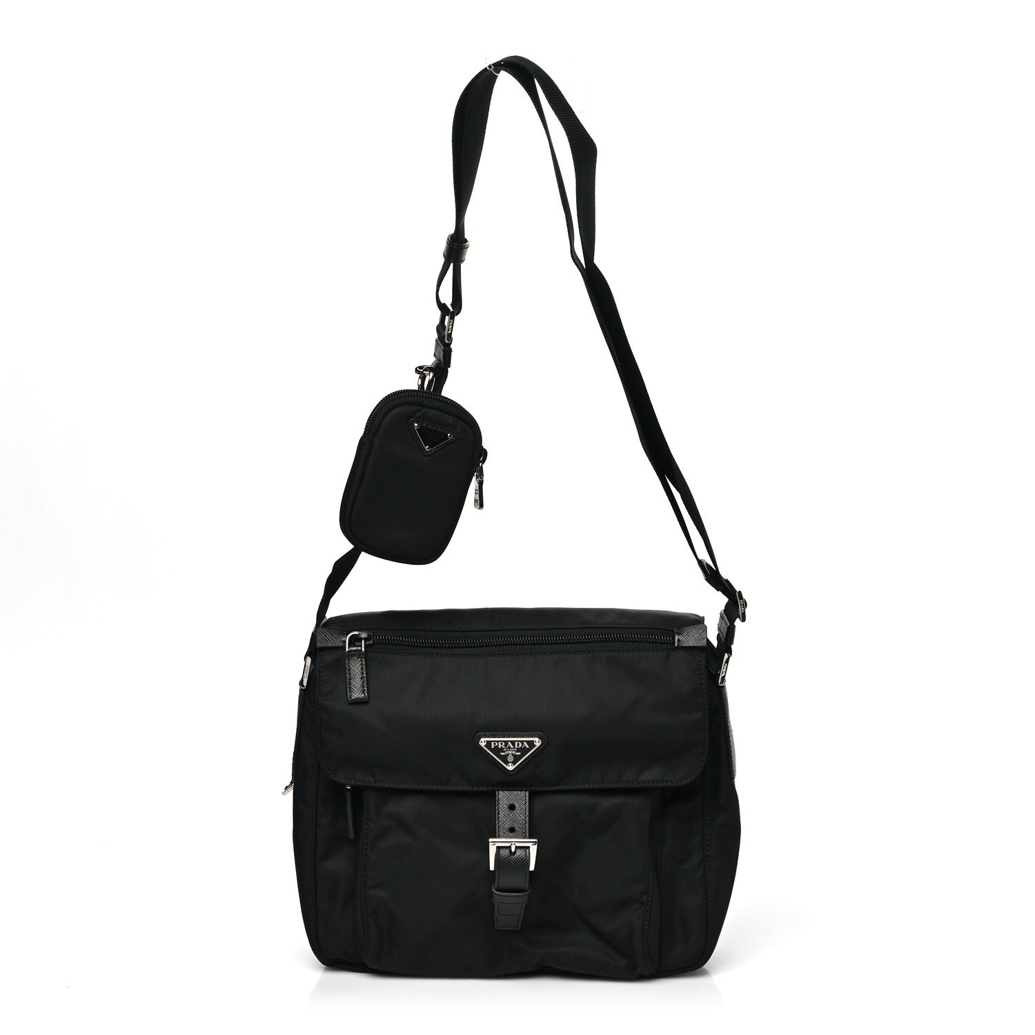 Prada Re-Nylon Vela Saffiano Pocket Single Buckle Messenger Shoulder Bag Black 1 of 9