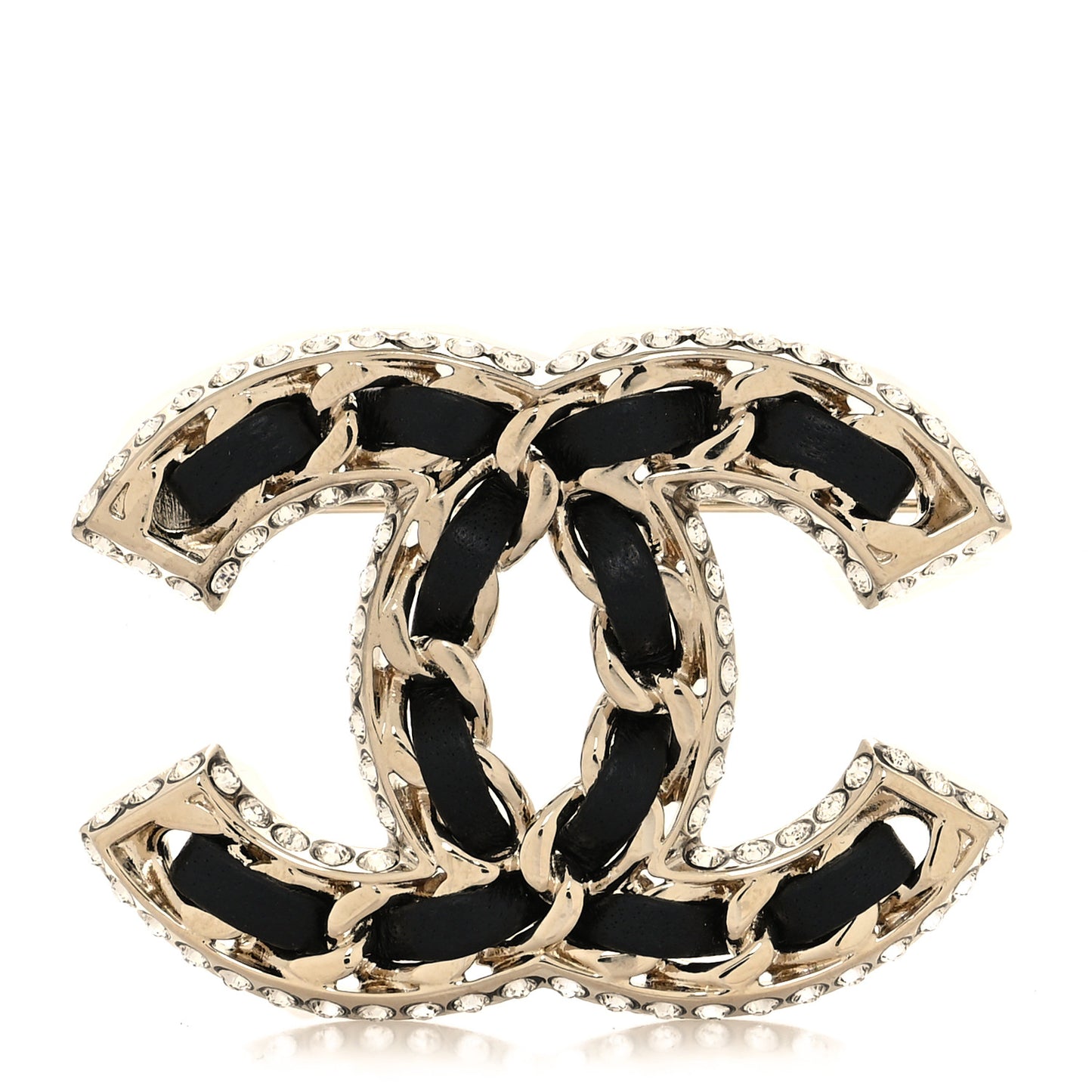 Lambskin Crystal CC Chain Brooch Black Gold